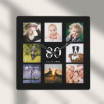 Horloge Carrée 80th birthday custom photo collage family black<br><div class="desc">A wall clock as a gift for a 80th birthday for a guy,  celebrating his life with a collage of 8 of your own photos. Personalize and add age 80,  et a date. Rendez-vous de Birth ou the date of the anniversary. White colored letters. Black background.</div>