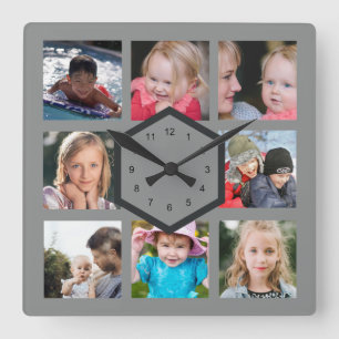 Horloge Carrée 8 Photo Collage Gray Square Wall Clock