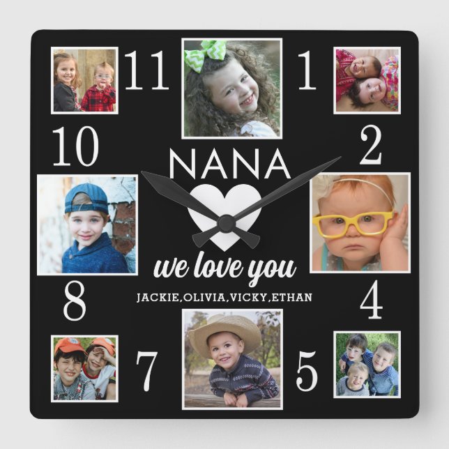 Horloge Carrée 8 Photo Collage Love You Nana Grandkids Black (Recto)