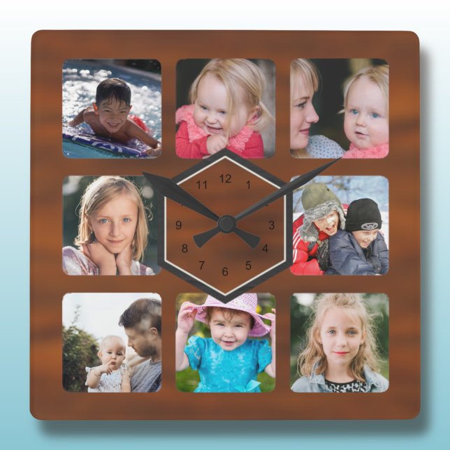 Horloge Carrée 8 Photo Collage Motif en bois (Créateur téléchargé)