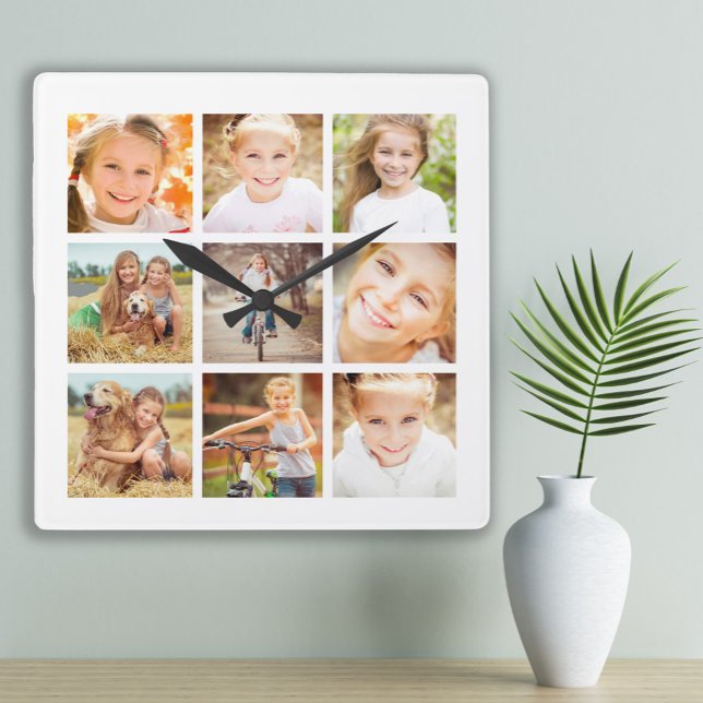 Horloge Carrée 9 Cadre de collage de photos Blanc (Custom white 9-photo wall clock)