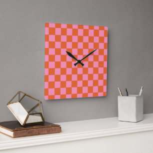 Horloge Carrée à damiers orange et rose