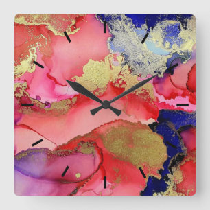 Horloge Carrée Abstract Gold Red Blue