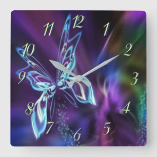 Horloge Carrée Abstract Neon Blue Purple Butterfly Fractal Art