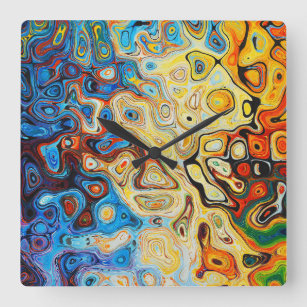Horloge Carrée Abstrait Art Jaune Orange Bleu Fils
