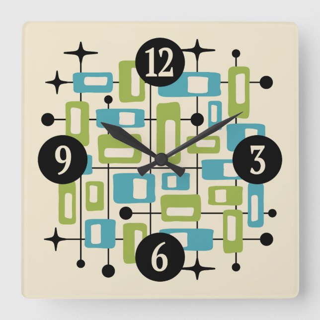 Horloge Carrée Abstrait Atomique Rétro Milieu de Siècle Moderne C (Recto)