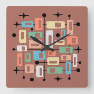 Horloge Carrée Abstrait Atomique Rétro Moderne de Milieu de Siècl
