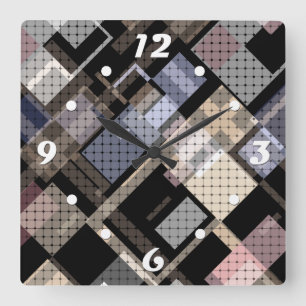 Horloge Carrée Abstrait, beige, noir, plaid