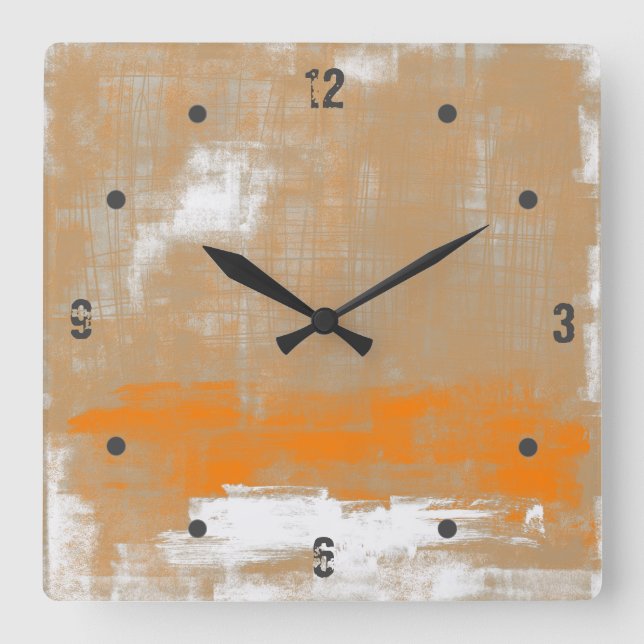 Horloge Carrée Abstrait blanc orange moderne (Recto)
