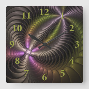 Horloge Carrée Abstrait brillant Trippy coloré 3D Fractal Art