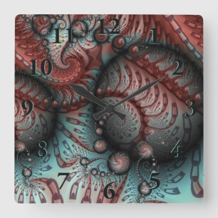 Horloge Carrée Abstrait Fantaisie Vive Art Fractal Brun Bleu
