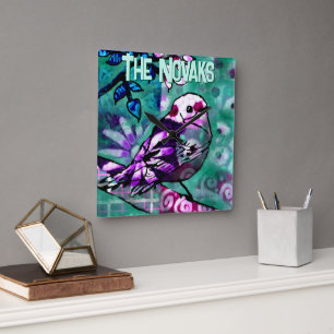Horloge Carrée Abstrait Fantaisiste Fleur Oiseau Personnalisé