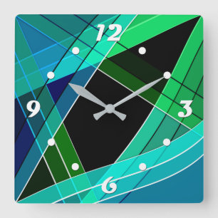 Horloge Carrée Abstrait, géométrique, vert, bleu, noir