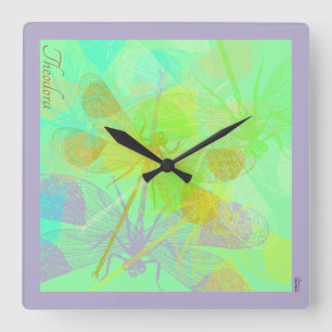 Horloge Carrée Abstrait Gold Dragonfly Blue Pastel