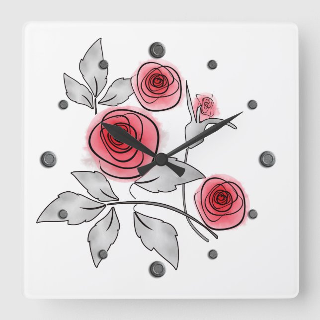 Horloge Carrée Abstrait moderne fleurs roses rouge gris floral bl (Recto)