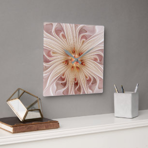 Horloge Carrée Abstrait Moderne Peach Pastel Flower Fractal Art
