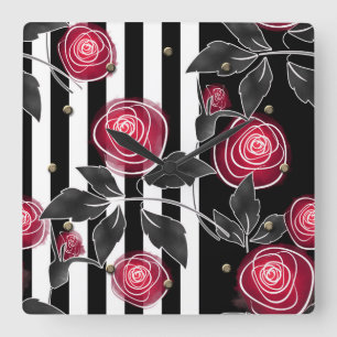 Horloge Carrée Abstrait moderne roses rouges feuilles croisées fl