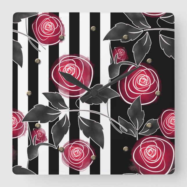Horloge Carrée Abstrait moderne roses rouges feuilles croisées fl (Recto)