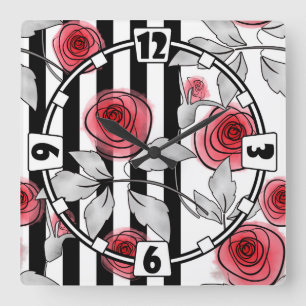 Horloge Carrée Abstrait moderne roses rouges feuilles croisées fl