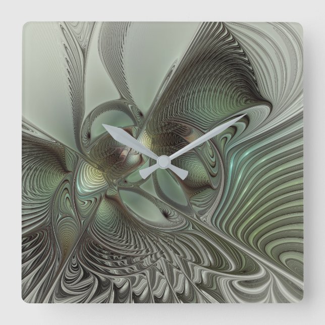 Horloge Carrée Abstrait Olive Sage Green Grey Fractal Art Imagina (Recto)