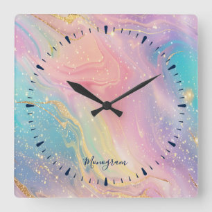 Horloge Carrée Abstrait Pastel Parties scintillant Motif sans cou