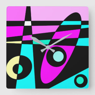 Horloge Carrée Abstrait Surf Turquoise Hot rose jaune noir