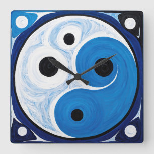 Horloge Carrée Abstrait Yin Yang : Moderniste Bleu & Blanc