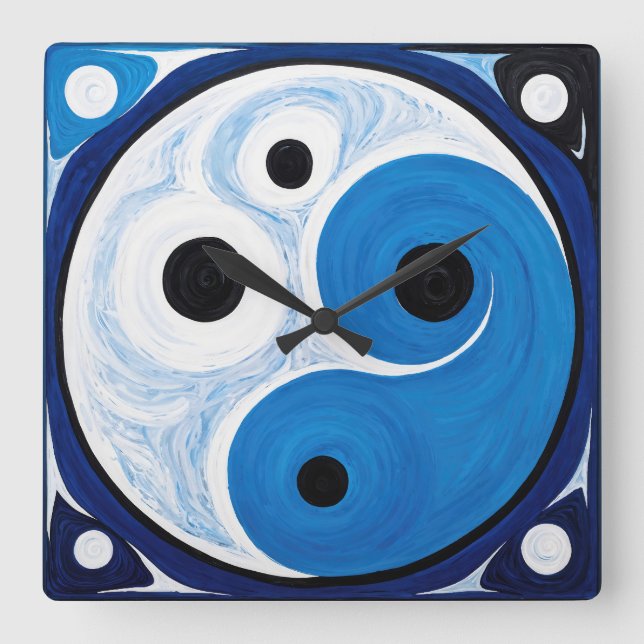 Horloge Carrée Abstrait Yin Yang : Moderniste Bleu & Blanc (Recto)