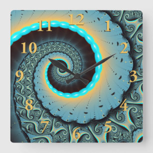 Horloge Carrée Abstraite spirale d'art fractal bleu turquoise ora