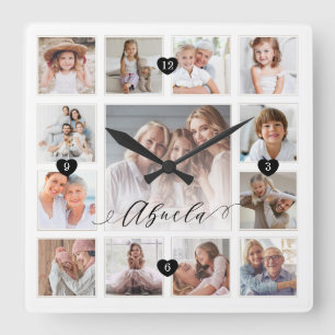 Horloge Carrée Abuela Script Family Memory Photo Grid Collage
