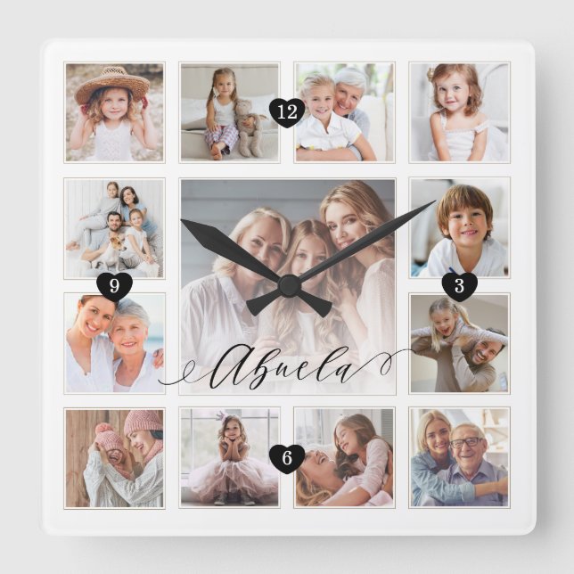 Horloge Carrée Abuela Script Family Memory Photo Grid Collage (Recto)