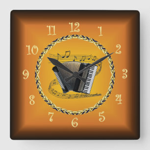 Horloge Carrée Accordéon sur parchemin musical et orange roux ~