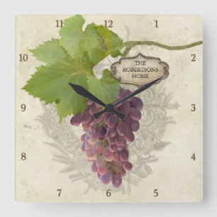 Horloge Carrée Accueil personnalisé Raisins rustiques sur vigne V