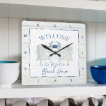 Horloge Carrée Adirondack Chaise de la maison de plage Nom du cra<br><div class="desc">Personnalisé avec votre nom de famille ou message dans une police d'écriture manuscrite de script amusante. Le crabe bleu aquarelle et la bordure en bois blanc du chalet ainsi qu'une paire de chaises Adirondack ont été créés par Audrey Jeanne Roberts,  artiste et designer de renommée internationale,  copyright.</div>