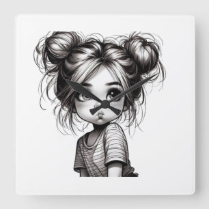 Horloge Carrée Adorable Fille de Noël avec chatte - Idée cadeau m