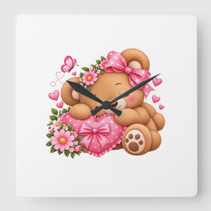 Horloge Carrée Adorable ours en peluche avec noeud rose et coeurs