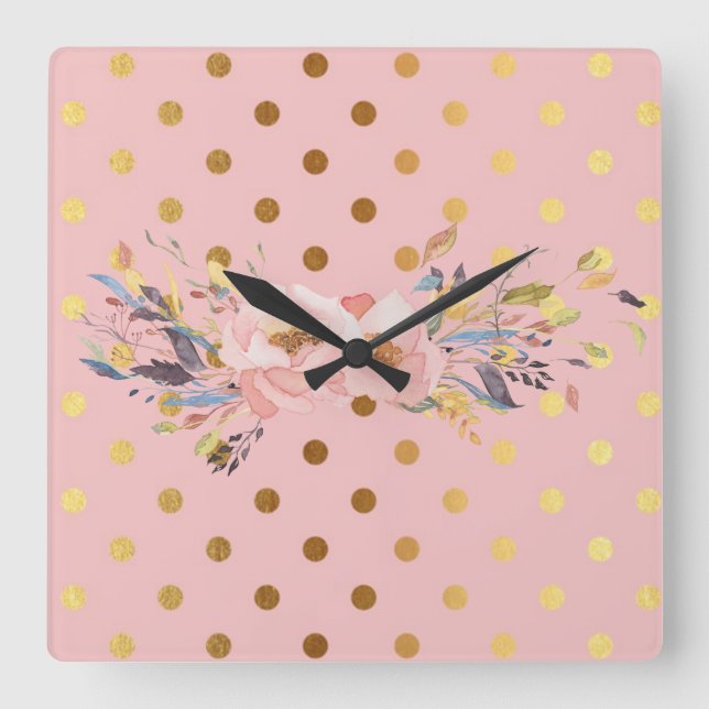Horloge Carrée Adorables Faux Gold Points Fleuri (Recto)