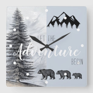 Horloge Carrée Adventure Await Rustic Woodland Bears Nursery