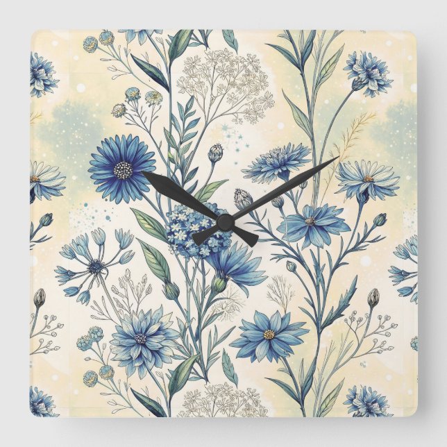 Horloge Carrée Aesthetic Blue Wildflowers (Recto)
