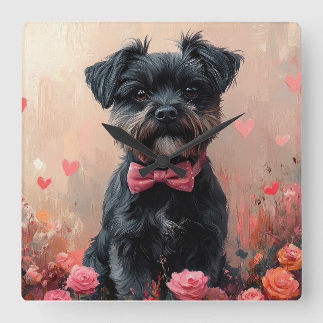 Horloge Carrée Affenpinscher avec des roses - Saint-Valentin (Recto)