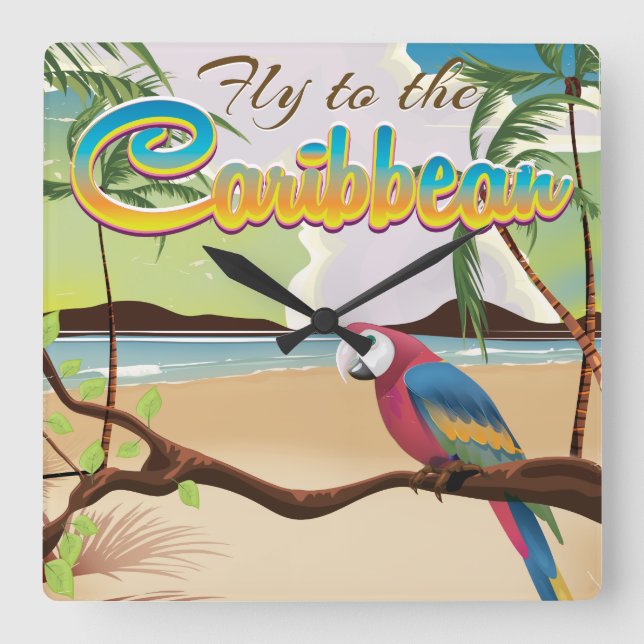 Horloge Carrée Affiche de l'île tropicale des Caraïbes (Recto)