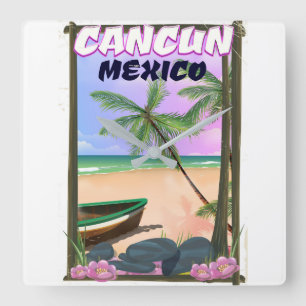 Horloge Carrée Affiche de plage de Cancun au Mexique.