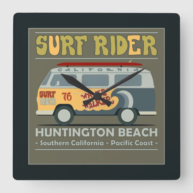 Horloge Carrée Affiche de Surf Rider Huntington Beach (Recto)