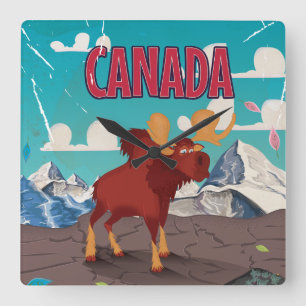 Horloge Carrée Affiche de vieux dessin animé d'orignal du Canada
