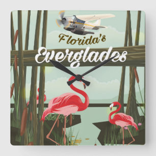 Horloge Carrée Affiche de voyage dessin animé des Everglades de F