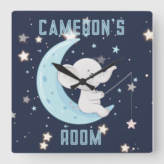 Horloge Carrée Affiche personnalisée Bébé Eléphant Pêche 4 Etoile (Recto)