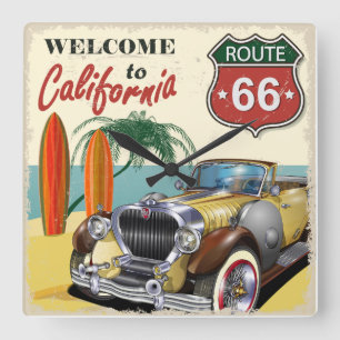 Horloge Carrée Affiche rétro "Bienvenue en Californie" Route 66,