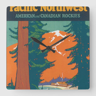 Horloge Carrée Affiche Vintage voyage du Pacifique Nord-Ouest