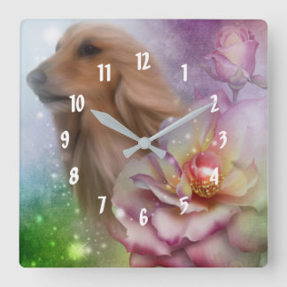 Horloge Carrée Afghanistan Hound Imaginaire Flowers Chien Art