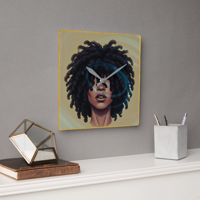 Horloge Carrée Afro Glow Wall Clock – Modern Black Art (Bureau)